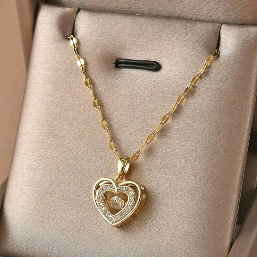 Gold Heart Pendant Necklace with Crystal Accent